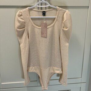 NWT EMERY ROSE Bodysuit Cream Sweater Puffed Shoulders Women's Size Medium